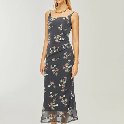 Angelica Black Floral Midi Dress Polyester Silk Square Neck Sleeveless Elegant Chic