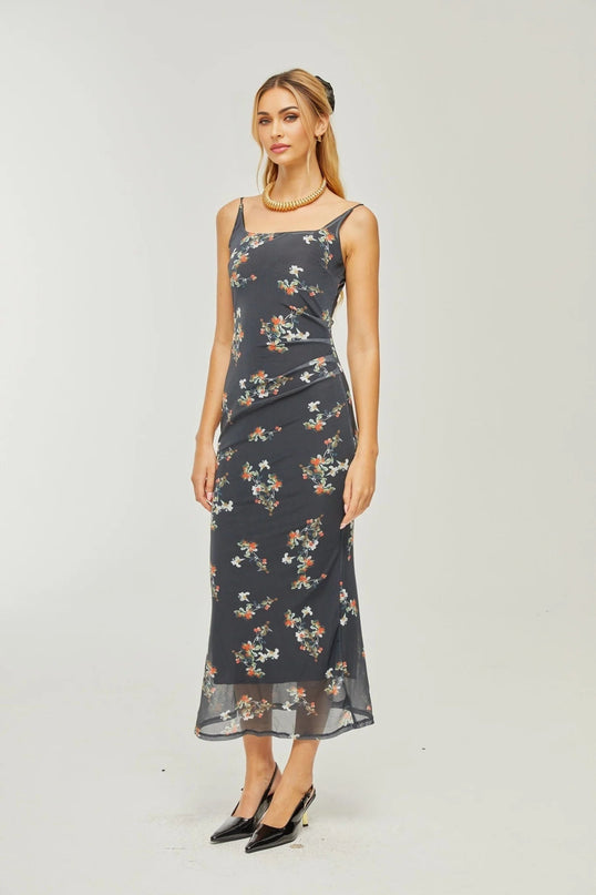Angelica Black Floral Midi Dress Polyester Silk Square Neck Sleeveless Elegant Chic