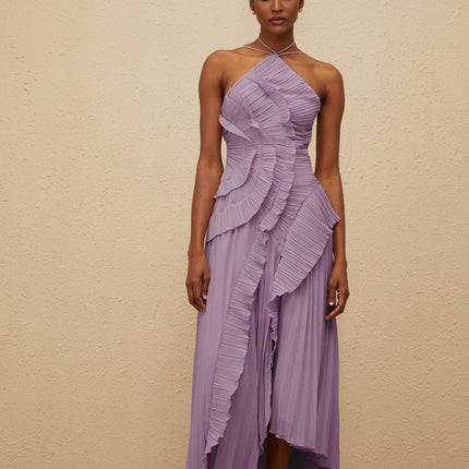 Angelica Purple Halter Neck Ruffled Trim Midi Dress