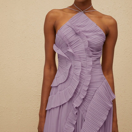 Angelica Purple Halter Neck Ruffled Trim Midi Dress