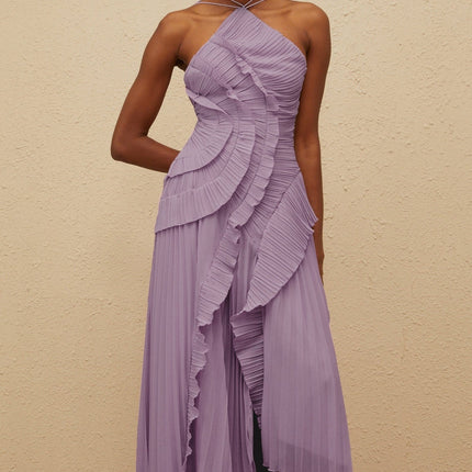 Angelica Purple Halter Neck Ruffled Trim Front Slit Midi Dress