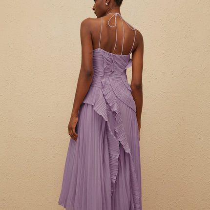 Angelica Purple Halter Neck Ruffled Trim Front Slit Midi Dress