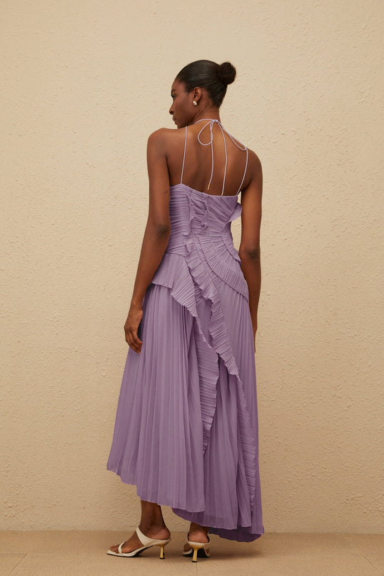 Angelica Purple Halter Neck Ruffled Trim Front Slit Midi Dress