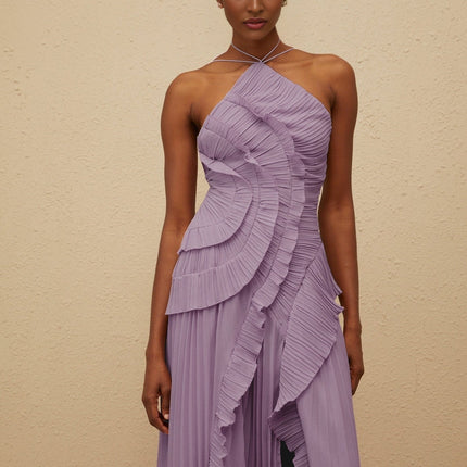 Angelica Purple Halter Neck Ruffled Trim Midi Dress 100% Terylene Fiber Elegant Special Occasion Sleeveless Side Zip Regal Purple Asymmetrical Pleating Detail
