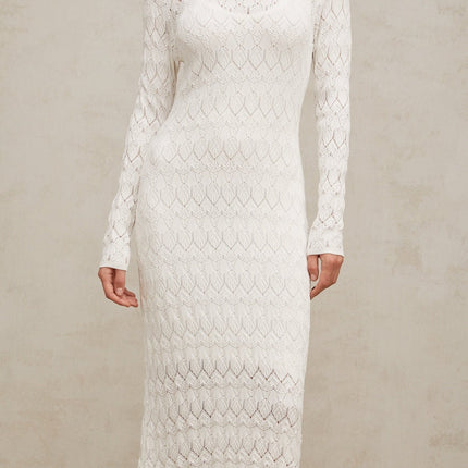 Angelica White Crochet Knit Midi Dress with Rear Slit and Long Sleeves