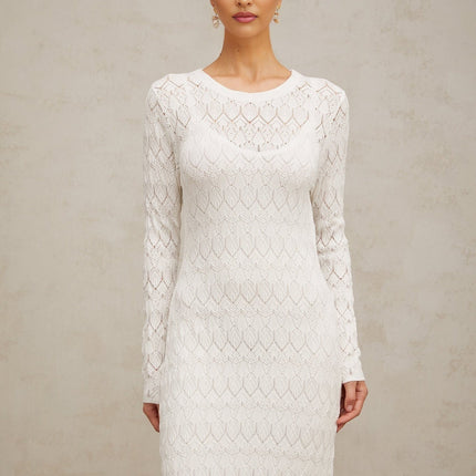Angelica White Crochet Knit Midi Dress with Rear Slit and Long Sleeves