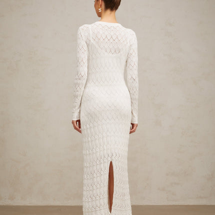 Angelica White Crochet Knit Midi Dress with Round Neck and Long Sleeves