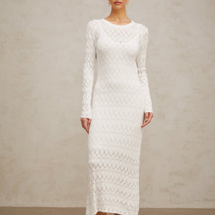 Angelica White Crochet Knit Midi Dress with Round Neck and Long Sleeves