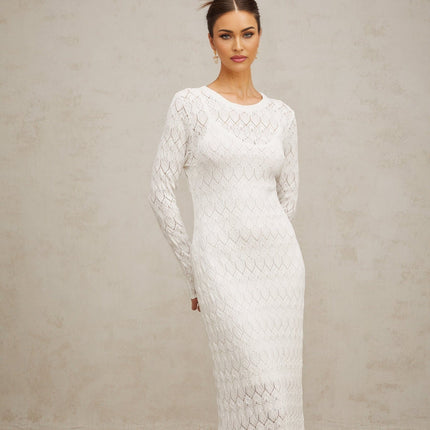 Angelica White Crochet Knit Midi Dress with Rear Slit and Long Sleeves