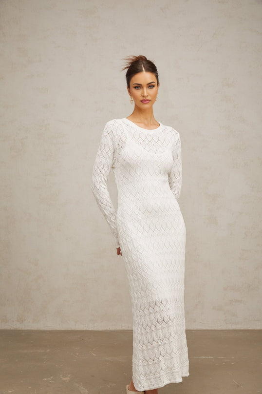 Angelica White Crochet Knit Midi Dress with Rear Slit and Long Sleeves