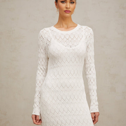 Angelica White Crochet Knit Midi Dress with Round Neck and Long Sleeves