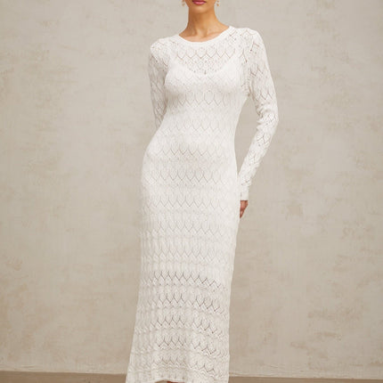 Angelica White Crochet Knit Midi Dress with Rear Slit and Long Sleeves