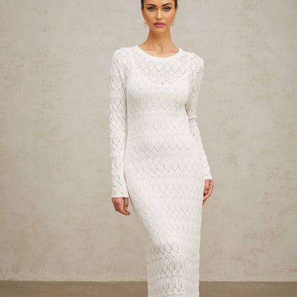 Angelica White Crochet Knit Midi Dress with Round Neck and Long Sleeves