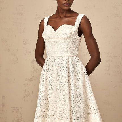 Angelica White Floral Lace Sweetheart Neck Midi Dress