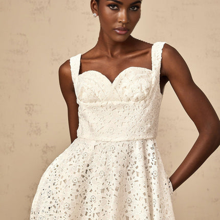 Angelica White Floral Lace Sweetheart Neck Midi Dress