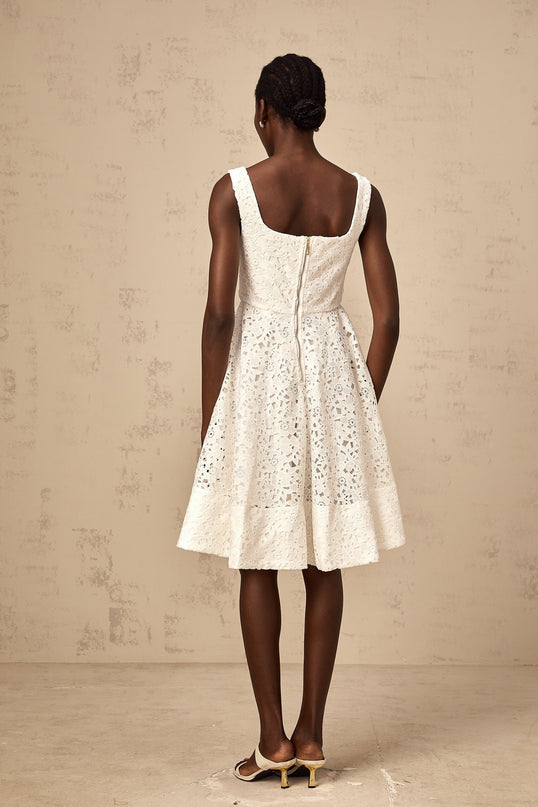 Angelica White Floral Lace Sweetheart Neck Midi Dress