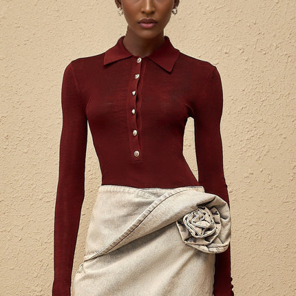 Angeliki Red Knit Bodysuit with notched lapels and embossed gold-tone buttons