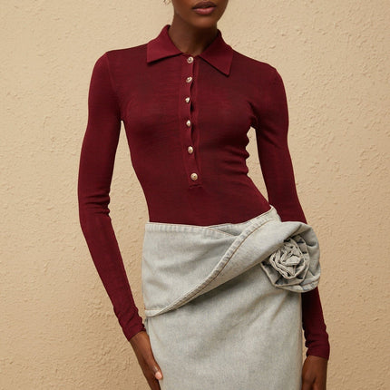 Angeliki Red Knit Bodysuit with notched lapels and embossed gold-tone buttons in rich red hue