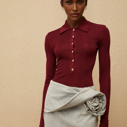 Angeliki Red Knit Bodysuit in Red color with notched lapels and embossed gold-tone buttons