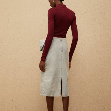 Angeliki Red Knit Bodysuit with notched lapels and embossed gold-tone buttons
