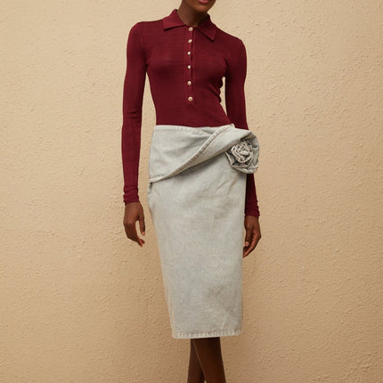 Angeliki Red Knit Bodysuit with notched lapels and embossed gold-tone buttons