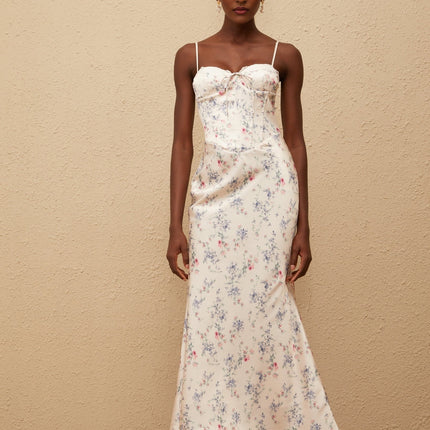 Angeliki White Floral Print Satin Maxi Dress