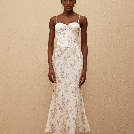 Angeliki White Floral Print Satin Maxi Dress