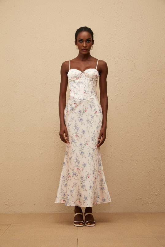 Angeliki White Floral Print Satin Maxi Dress