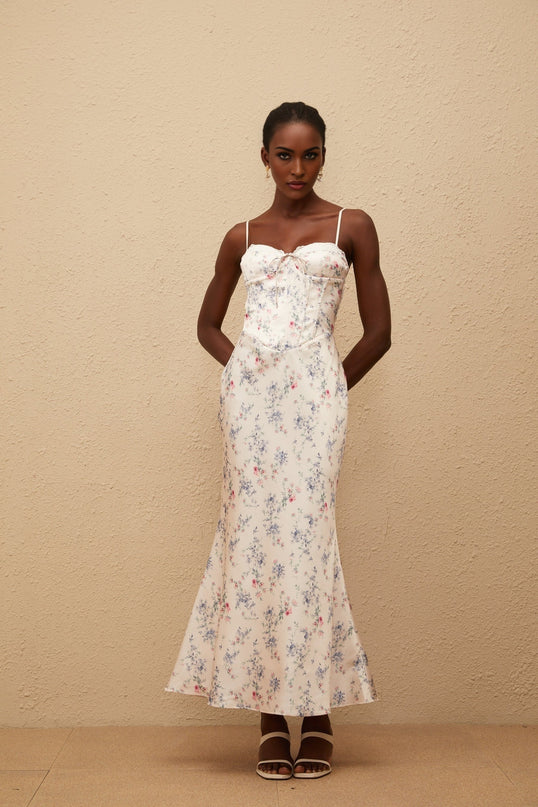 Angeliki White Floral Print Satin Maxi Dress