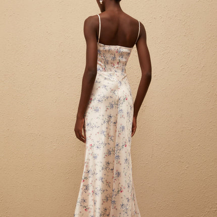 Angeliki White Floral Print Satin Maxi Dress