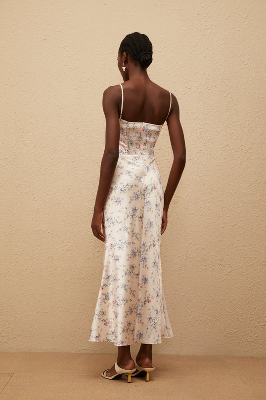 Angeliki White Floral Print Satin Maxi Dress