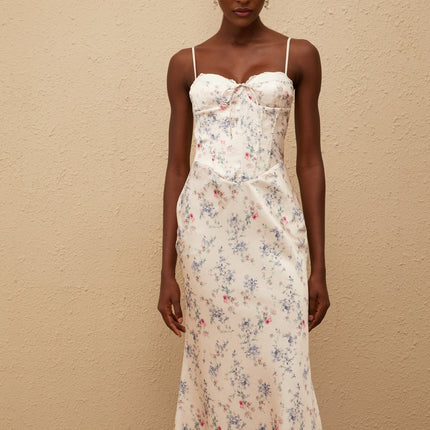 Angeliki White Floral Print Satin Maxi Dress