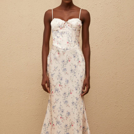 Angeliki White Floral Print Satin Maxi Dress