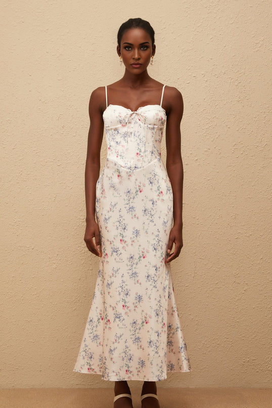 Angeliki White Floral Print Satin Maxi Dress
