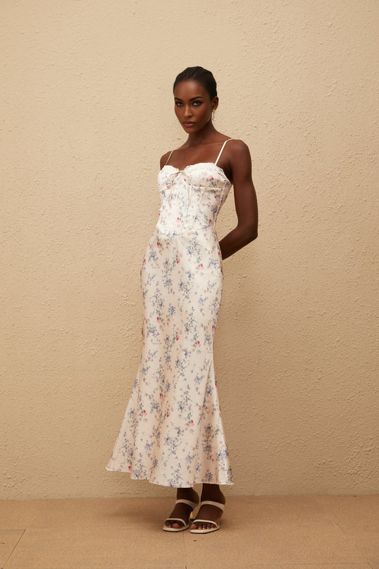 Angeliki White Floral Print Satin Maxi Dress