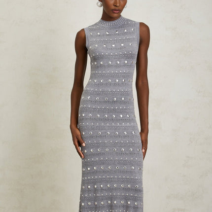 Angelina Grey Crochet Knit Maxi Dress with Stud Embellishments