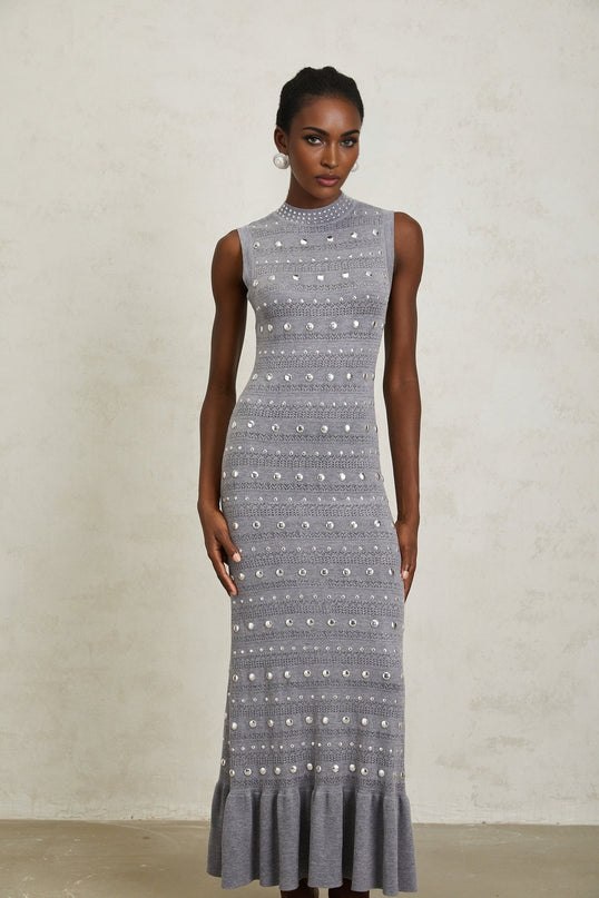 Angelina Grey Crochet Knit Maxi Dress with Stud Embellishments
