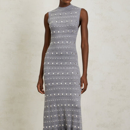 Angelina Grey Crochet Knit Maxi Dress with Stud Embellishments and Ruffled Hem