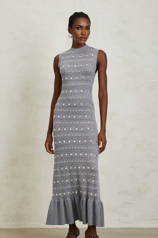 Angelina Grey Crochet Knit Maxi Dress with Stud Embellishments and Ruffled Hem
