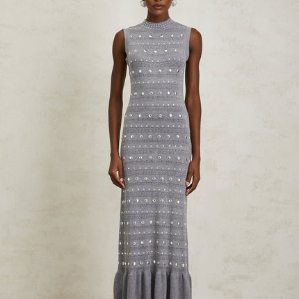 Angelina Grey Crochet Knit Maxi Dress with Stud Embellishments and Ruffled Hem