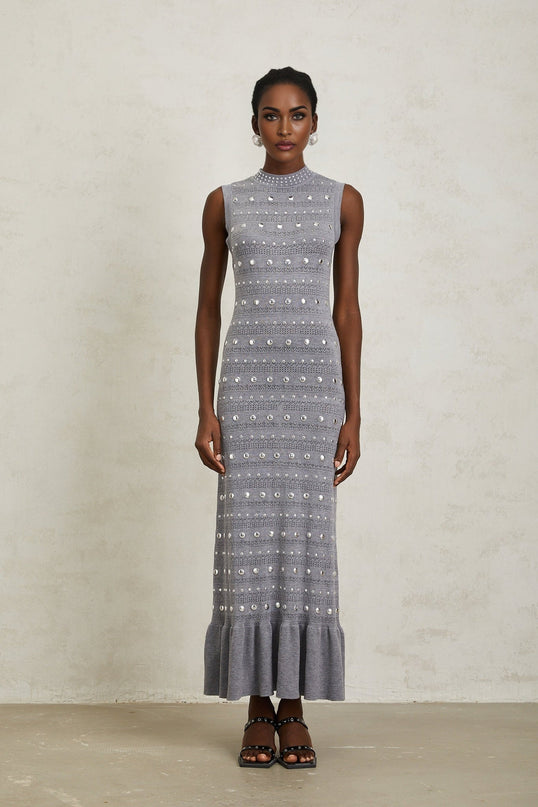 Angelina Grey Crochet Knit Maxi Dress with Stud Embellishments and Ruffled Hem
