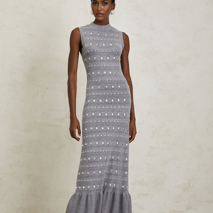 Angelina Grey Crochet Knit Maxi Dress with Stud Embellishments and Ruffled Hem