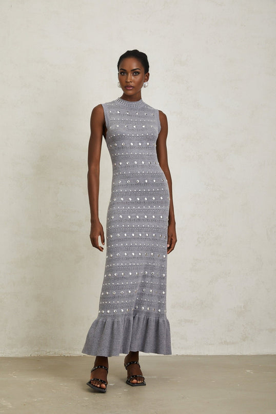 Angelina Grey Crochet Knit Maxi Dress with Stud Embellishments and Ruffled Hem