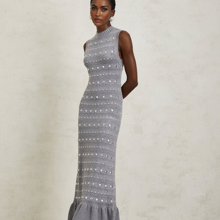 Angelina Grey Crochet Knit Maxi Dress with Stud Embellishments and Ruffled Hem