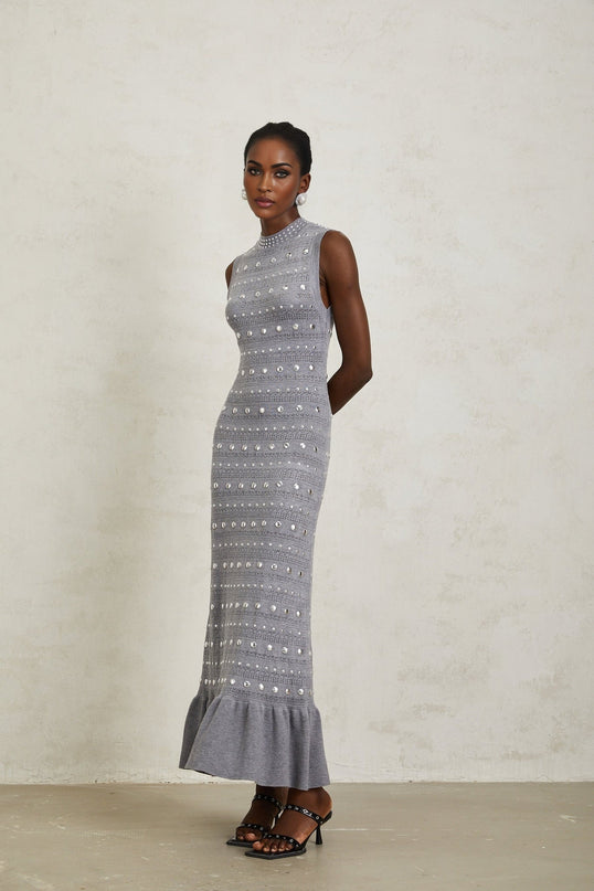 Angelina Grey Crochet Knit Maxi Dress with Stud Embellishments and Ruffled Hem