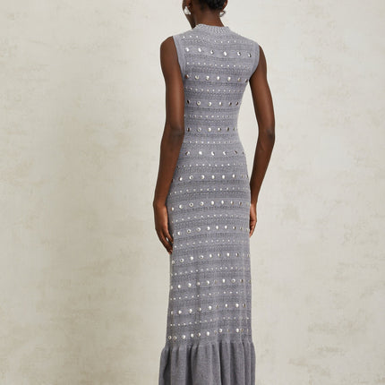 Angelina Grey Crochet Knit Maxi Dress with Stud Embellishments and Ruffled Hem