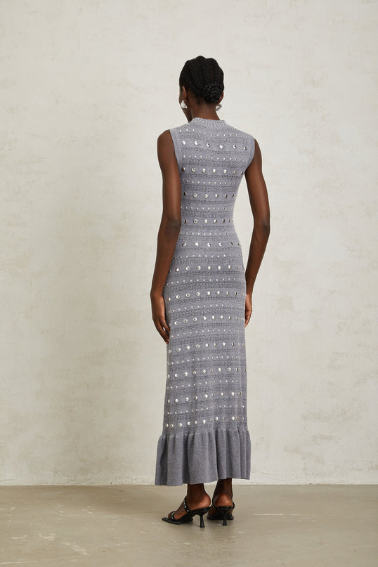 Angelina Grey Crochet Knit Maxi Dress with Stud Embellishments and Ruffled Hem