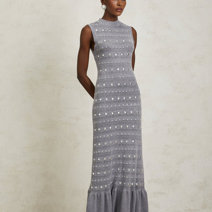 Angelina Grey Crochet Knit Maxi Dress with Stud Embellishments and Ruffled Hem