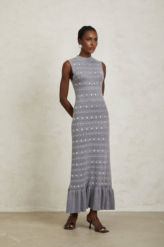 Angelina Grey Crochet Knit Maxi Dress with Stud Embellishments and Ruffled Hem