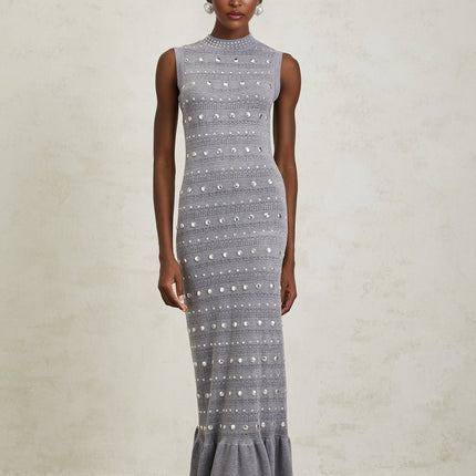 Angelina Grey Crochet Knit Maxi Dress with Stud Embellishments and Ruffled Hem